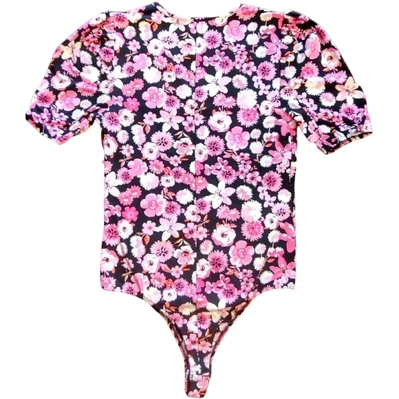 By Design Floral V-Neck Puff Sleeve Bodysuit, Size M, Black/Pink/White - Picture 2 of 5